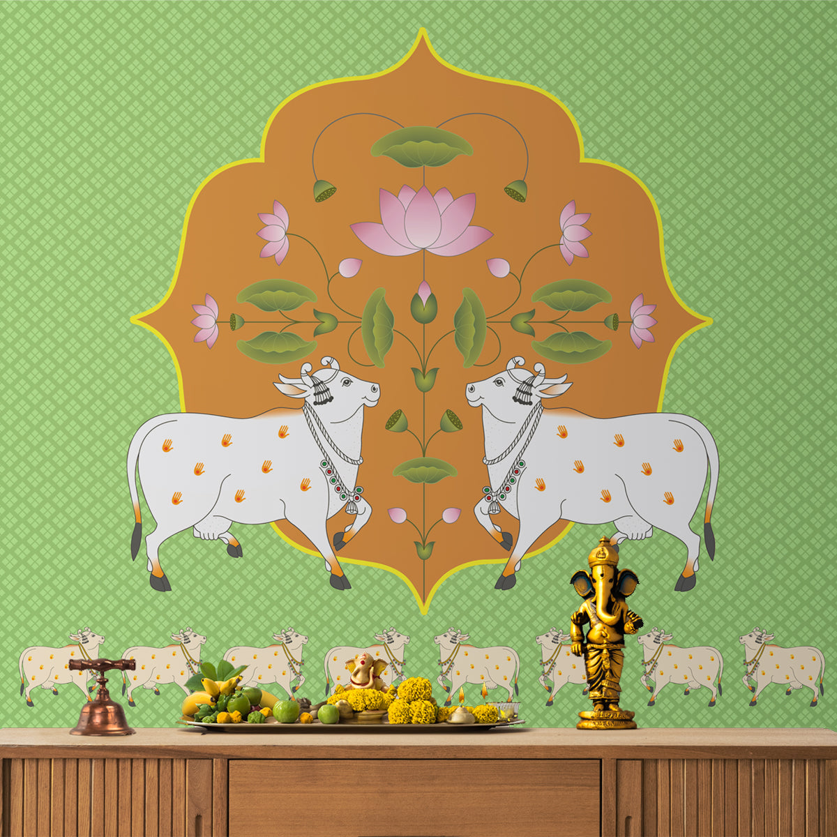 A close-up of aVibrant Cow Pichwai: Spiritual Pooja Room Wallpaper, Green Indrani Series Canvas Artistic Design (Customised Size Wallpaper )available at Material Depot in Bangalore